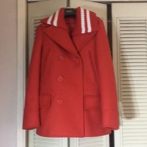 Red Melton Wool peacoat with knit collar
